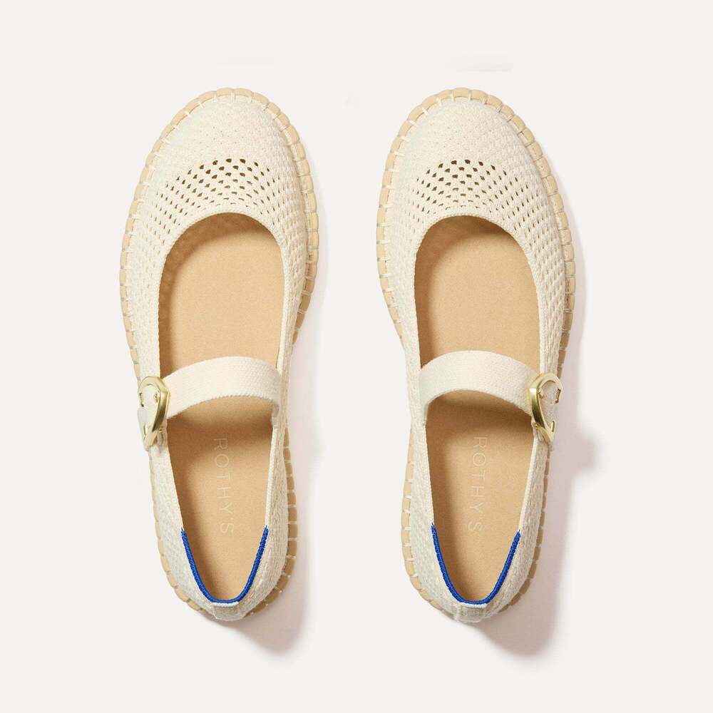 Rothy's Cream Woven Mary Jane Espadrilles with Blue Heel Tab